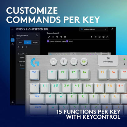 Logitech G915 X LIGHTSPEED TKL Tactile Wireless Gaming Keyboard – Tactile GL Low‑Profile Switches, Tri‑Mode Connectivity, KEYCONTROL Customization, LIGHTSYNC RGB, Aluminum Alloy Build, White (920-012737)