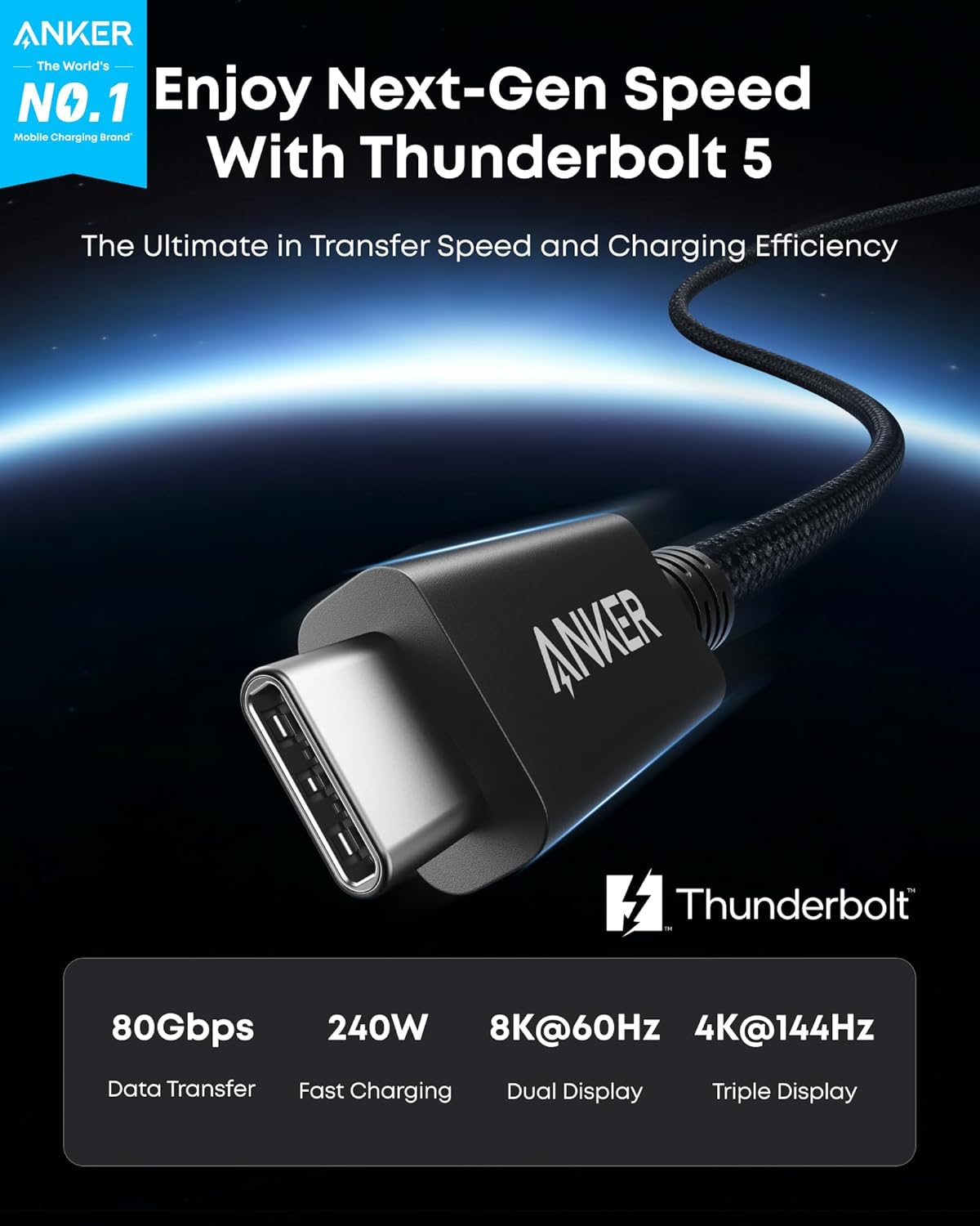 Anker Prime Thunderbolt 5 Cable, 1.7 ft