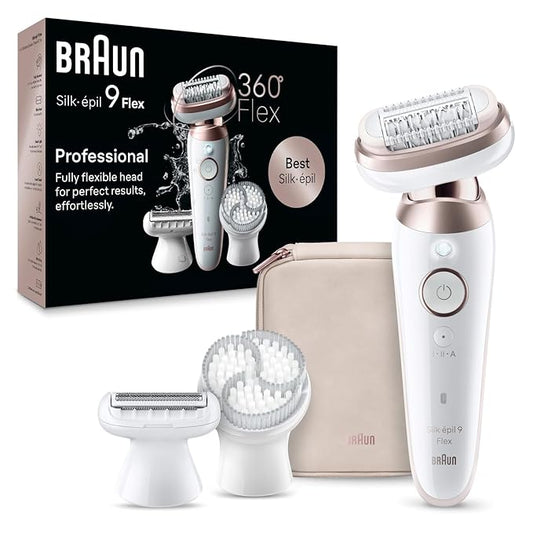 Braun Silk-Epil 9 Flex Epilator for Women, Flexible Head for Easier Hair Removal, Anti-Slip Grip & Pressure Control, Smartlight to remove finest hair, Waterproof, Deep Body Exfoliation Brush