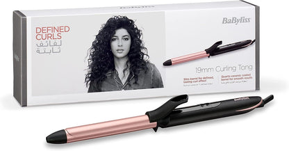 BaByliss Rose Quartz 19mm Curling Tong | Advanced Ceramics Ultra-Fast Heat Up Hair Curling Iron | Non Ionic 2.5m Swivel Cord | 6 Heat Settings From 160°C-210°C With Auto Shut Off | C450SDE (Rose Gold)