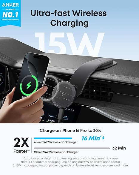 Anker MagGo Wireless Car Charger (Pad), 15W Qi2 Certified Fast Charging Car Adapter with Alloy B Strong Hold, 360° Adjustable View, For iPhone 17/16 /15/14 Series and More