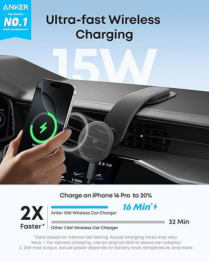 Anker MagGo Wireless Car Charger (Pad), 15W Qi2 Certified Fast Charging Car Adapter with Alloy B Strong Hold, 360° Adjustable View, For iPhone 17/16 /15/14 Series and More