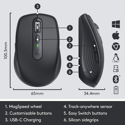 Logitech MX Anywhere 3s Compact Performance Re-chargeable Mouse, Wireless, Fast Scroll, Any Surface, Portable, 4000DPI, Customizable Buttons, USB-C Bluetooth - Pale Grey