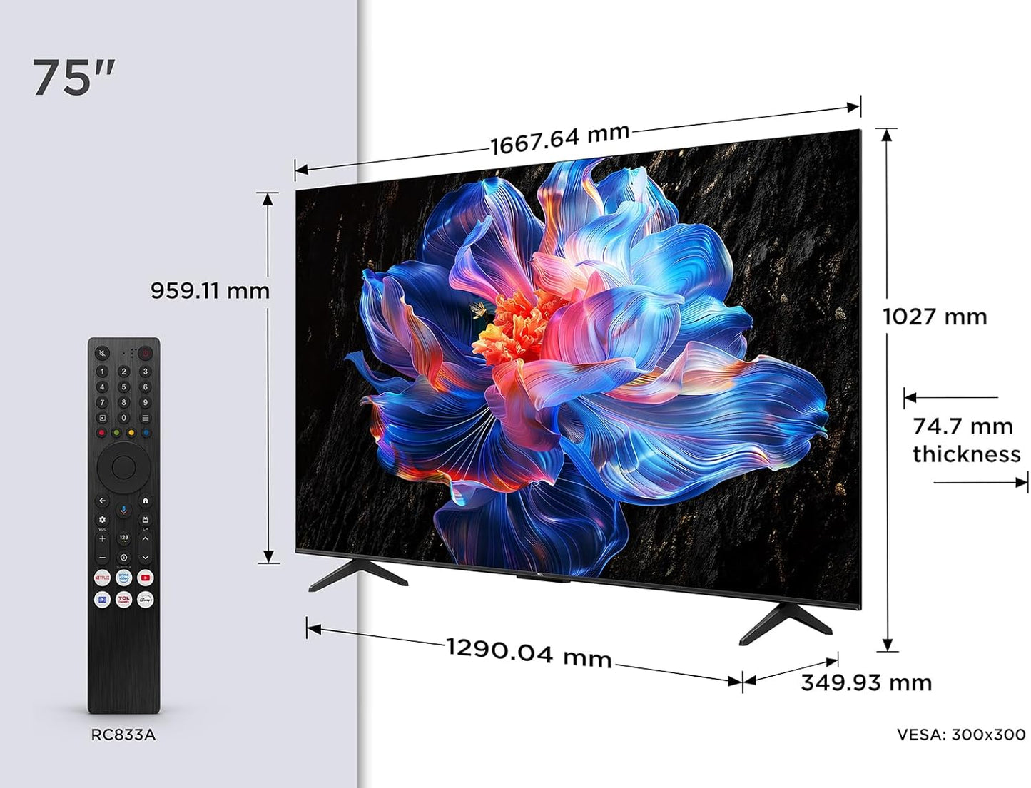 TCL 75V6C-UK 75" 4K Ultra HD, HDR TV, Smart TV Powered by Google TV (Dolby Audio, Voice Control, compatible with Google assistant, Chromecast built-in, 2025 New Model) [Energy Class E]