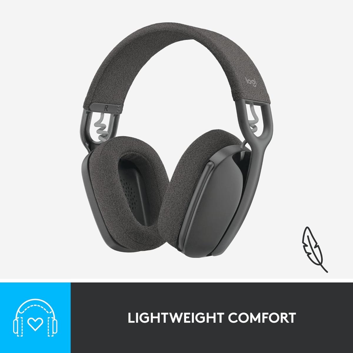Logitech Zone Vibe 100 Lightweight Wireless Over Ear Headphones with Noise Canceling Microphone, Advanced Multipoint Bluetooth Headset - Graphite