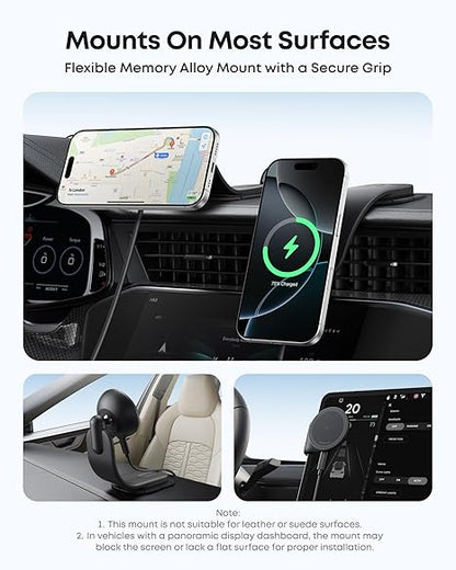 Anker MagGo Wireless Car Charger (Pad), 15W Qi2 Certified Fast Charging Car Adapter with Alloy B Strong Hold, 360° Adjustable View, For iPhone 17/16 /15/14 Series and More