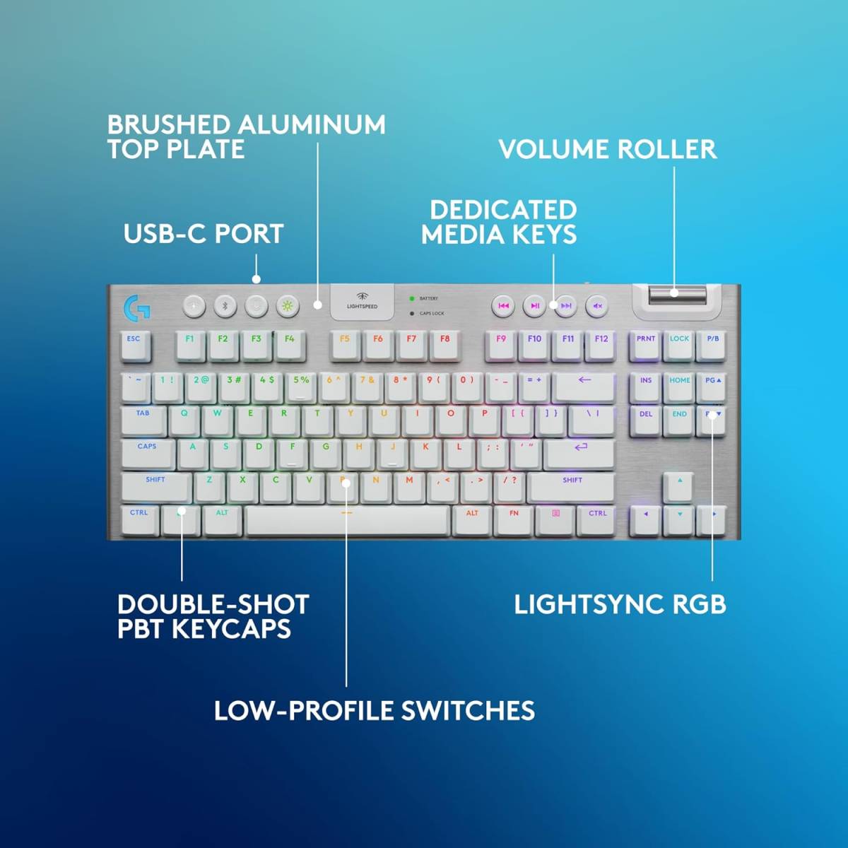 Logitech G915 X LIGHTSPEED TKL Tactile Wireless Gaming Keyboard – Tactile GL Low‑Profile Switches, Tri‑Mode Connectivity, KEYCONTROL Customization, LIGHTSYNC RGB, Aluminum Alloy Build, White (920-012737)