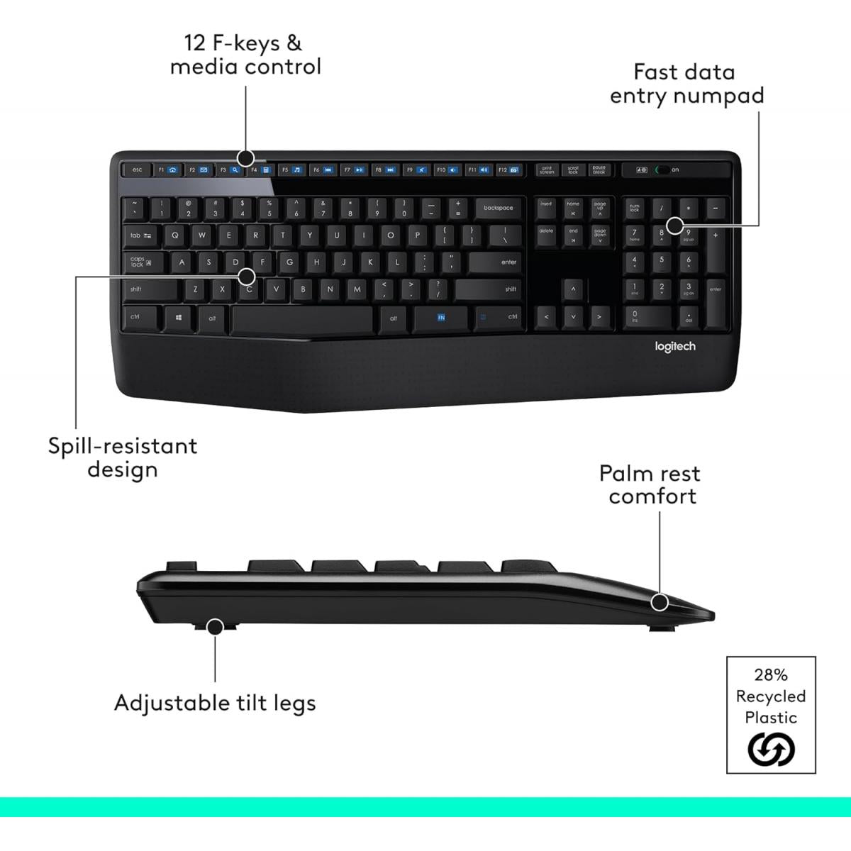 Logitech MK345 Wireless Combo Full-Sized Keyboard with Palm Rest and Comfortable Right-Handed Mouse, 2.4 GHz Wireless USB Receiver, Compatible with PC, Laptop,Black