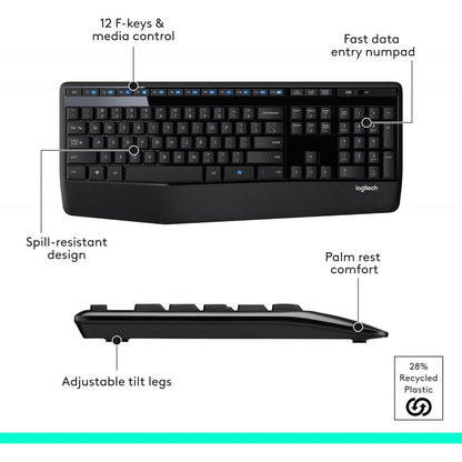 Logitech MK345 Wireless Combo Full-Sized Keyboard with Palm Rest and Comfortable Right-Handed Mouse, 2.4 GHz Wireless USB Receiver, Compatible with PC, Laptop,Black