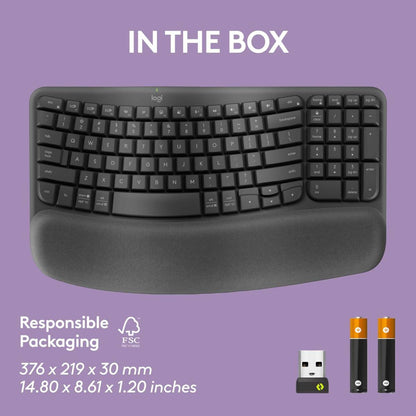 Logitech Wave Keys Wireless Ergonomic Keyboard with Cushioned Palm Rest, Comfortable Natural Typing, Easy-Switch, Bluetooth, Logi Bolt Receiver, for Multi-OS, Windows/Mac, AR Layout - Graphite