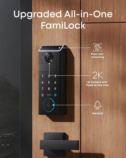 eufy Security Smart Lock FamiLock S3 Max with Palm Vein Recognition, Keyless Entry Front Door Lock, Wi-Fi Keypad Deadbolt+ 2K HDR Doorbell Camera, 16GB Built‑in Storage, BHMA 1, Rear Lock Video Screen
