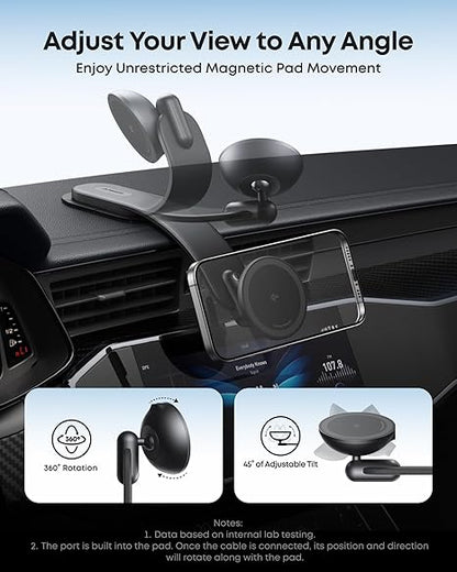 Anker MagGo Wireless Car Charger (Pad), 15W Qi2 Certified Fast Charging Car Adapter with Alloy B Strong Hold, 360° Adjustable View, For iPhone 17/16 /15/14 Series and More