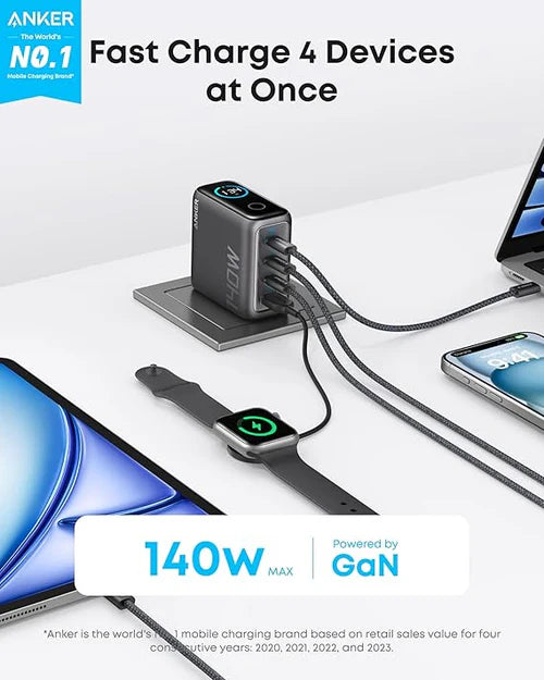 Anker 140W 4-Port Laptop Charger with USB-C Cable - Black