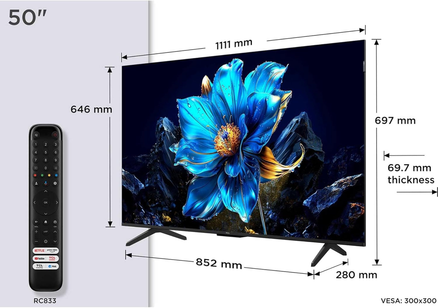 TCL 50P7K-UK 50" QLED 4K Ultra HD HDR Google TV (Google Assistant, Freeview Play, Dolby Atmos, Dolby Vision, HDR10+, Motion Clarity，2025 Model)