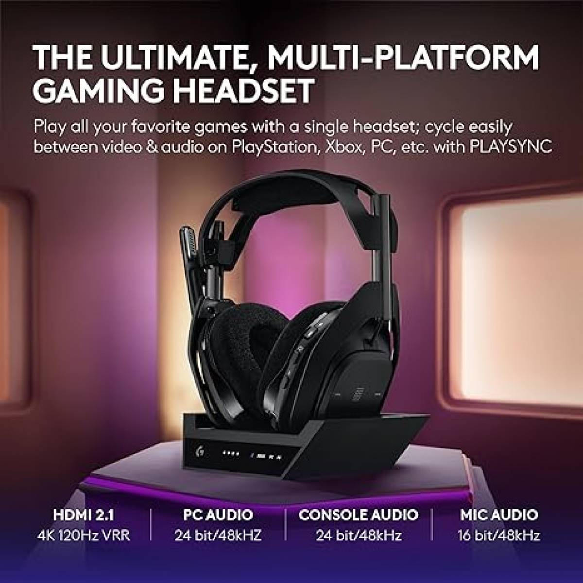 Logitech G Astro A50 X Omni-Platform Wireless Gaming Headset + Base Station for PS5, Xbox, PC: PLAYSYNC Video & Audio Switcher, HDMI 2.1 4K 120Hz VRR, <24 bit/48 kHz, 24hr Battery, 2.4GHz & BT - Black (939-002128)