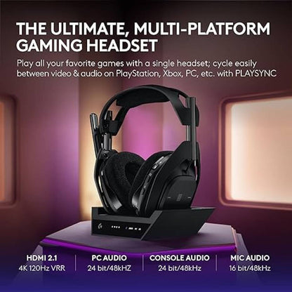 Logitech G Astro A50 X Omni-Platform Wireless Gaming Headset + Base Station for PS5, Xbox, PC: PLAYSYNC Video & Audio Switcher, HDMI 2.1 4K 120Hz VRR, <24 bit/48 kHz, 24hr Battery, 2.4GHz & BT - Black (939-002128)