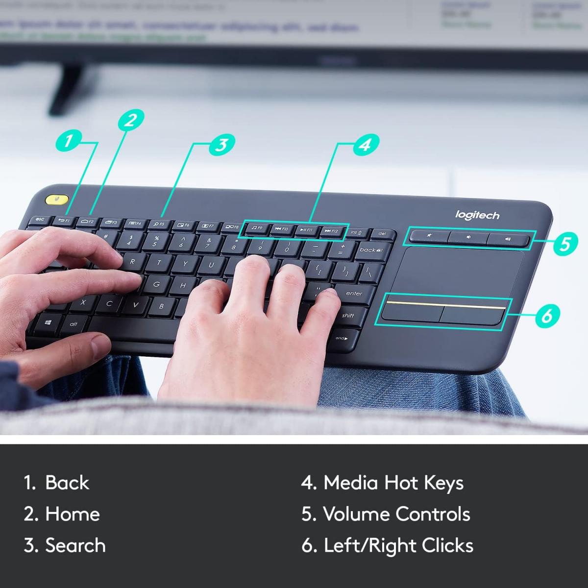 Logitech Wireless Keyboard K400 Plus With Touchpad for TV, Computers, Phones and Tablets Arabic / English - Black