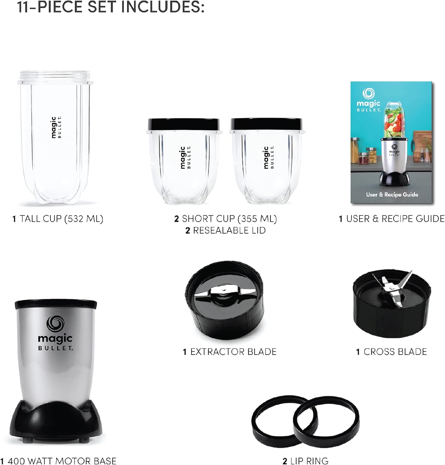 Magic Bullet 400 Watts, 9 Piece Set, Multi-Function High Speed Blender, Mixer System with Nutrient Extractor, Smoothie Maker, Silver, 2 Years Warranty