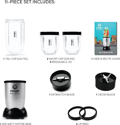 Magic Bullet 400 Watts, 9 Piece Set, Multi-Function High Speed Blender, Mixer System with Nutrient Extractor, Smoothie Maker, Silver, 2 Years Warranty