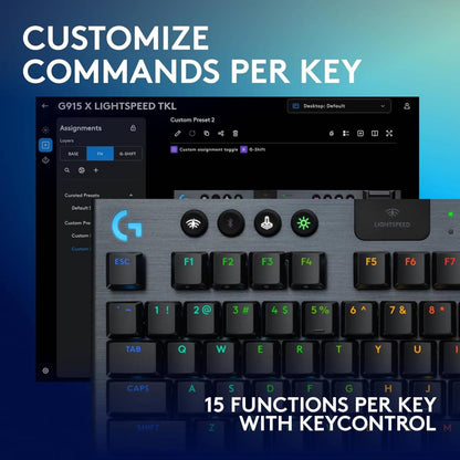 Logitech G915 X LIGHTSPEED TKL Clicky Wireless Gaming Keyboard – Clicky GL Low‑Profile Switches, Tri‑Mode Connectivity, KEYCONTROL Customization, LIGHTSYNC RGB, Aluminum Alloy Build, Black (920-012757)