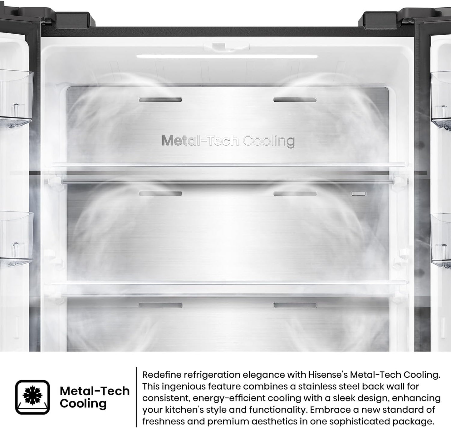 Hisense RQ5G470SBB3 - Cross Door American 457L Freezer Fridge, My Fresh Choice, Dual-Tech Cooling, Bottom Cooling System, Black Glass, 1 Year Full & 5 Years Compressor Warranty