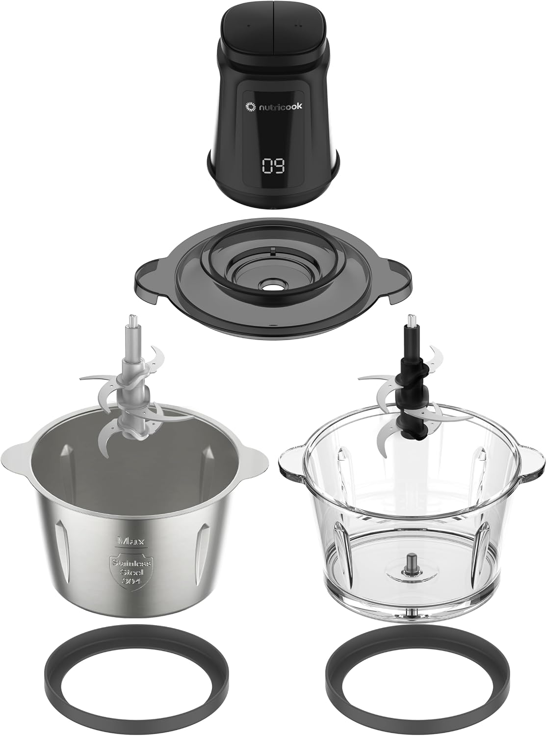 Nutricook Glass Chopper & Mincer – 500W, Dual 3L Bowls, 4 Detachable SS Blades, Easy Clean, Pulse Precision, Ice Crushing, Anti-Slip Ring, CH6000ME, Clear/Silver/Black, 2-Year Warranty
