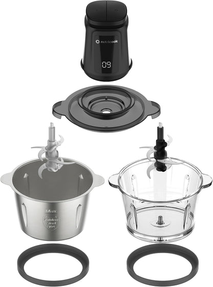 Nutricook Glass Chopper & Mincer – 500W, Dual 3L Bowls, 4 Detachable SS Blades, Easy Clean, Pulse Precision, Ice Crushing, Anti-Slip Ring, CH6000ME, Clear/Silver/Black, 2-Year Warranty