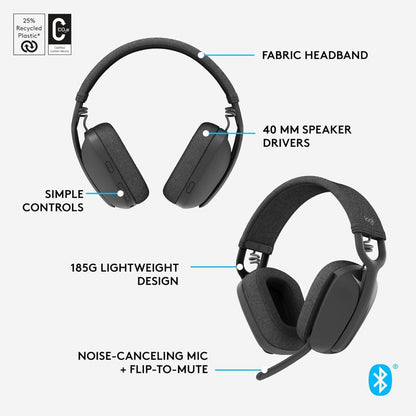 Logitech Zone Vibe 100 Lightweight Wireless Over Ear Headphones with Noise Canceling Microphone, Advanced Multipoint Bluetooth Headset - Graphite
