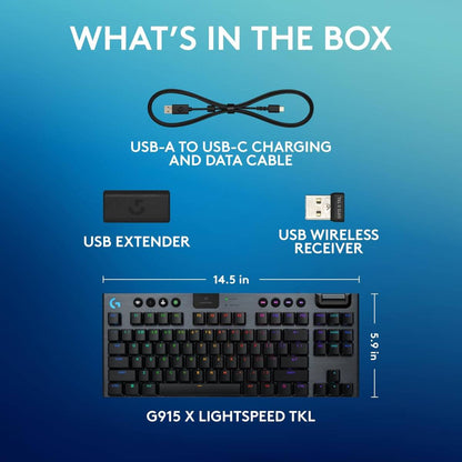 Logitech G915 X LIGHTSPEED TKL Clicky Wireless Gaming Keyboard – Clicky GL Low‑Profile Switches, Tri‑Mode Connectivity, KEYCONTROL Customization, LIGHTSYNC RGB, Aluminum Alloy Build, Black (920-012757)