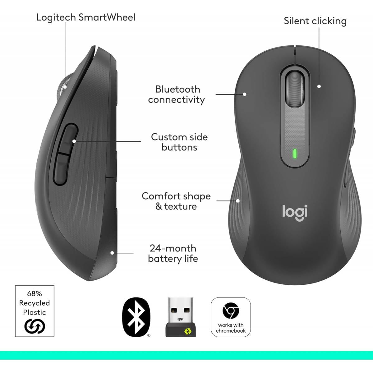 Logitech Left Handed Wireless Mouse Signature M650 L Full Size - 2 Year Battery, Silent Clicks, Customizable Buttons, Bluetooth, PC/Mac/Chromebook - Graphite, Large