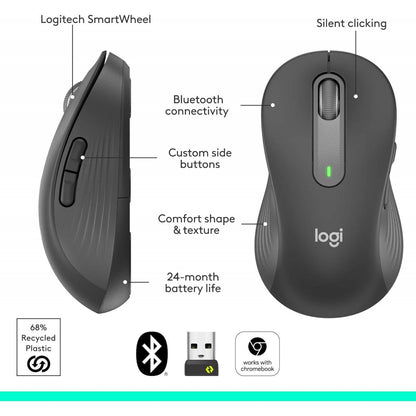 Logitech Left Handed Wireless Mouse Signature M650 L Full Size - 2 Year Battery, Silent Clicks, Customizable Buttons, Bluetooth, PC/Mac/Chromebook - Graphite, Large