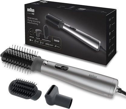 Braun Air Styler AS4.3, Advanced Care, Hair Drying, Volumiser and Smoothing, 1000 Watts, with 2 Attachment Drying Nozzle and Paddle Brush, Air Brush BRAS430SDE - Ionic Grey