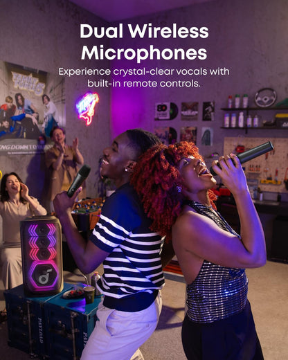 Soundcore Rave 3S AI Party Speaker with 2 Wireless Microphones, 200W Sound, AI Vocal Removal, Reverb, Light Show, 12H Playtime, Portable Bluetooth PA System for Home, Party, or Backyard