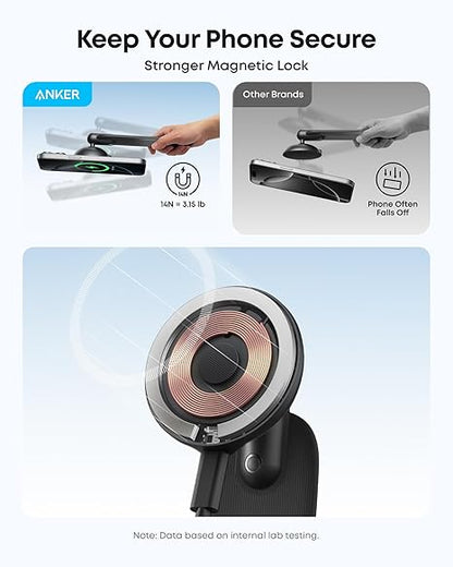 Anker MagGo Wireless Car Charger (Pad), 15W Qi2 Certified Fast Charging Car Adapter with Alloy B Strong Hold, 360° Adjustable View, For iPhone 17/16 /15/14 Series and More
