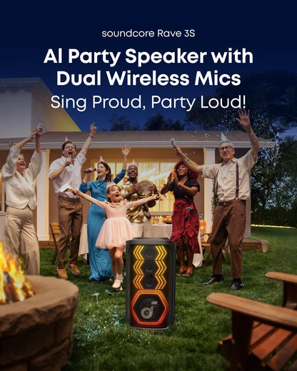 Soundcore Rave 3S AI Party Speaker with 2 Wireless Microphones, 200W Sound, AI Vocal Removal, Reverb, Light Show, 12H Playtime, Portable Bluetooth PA System for Home, Party, or Backyard