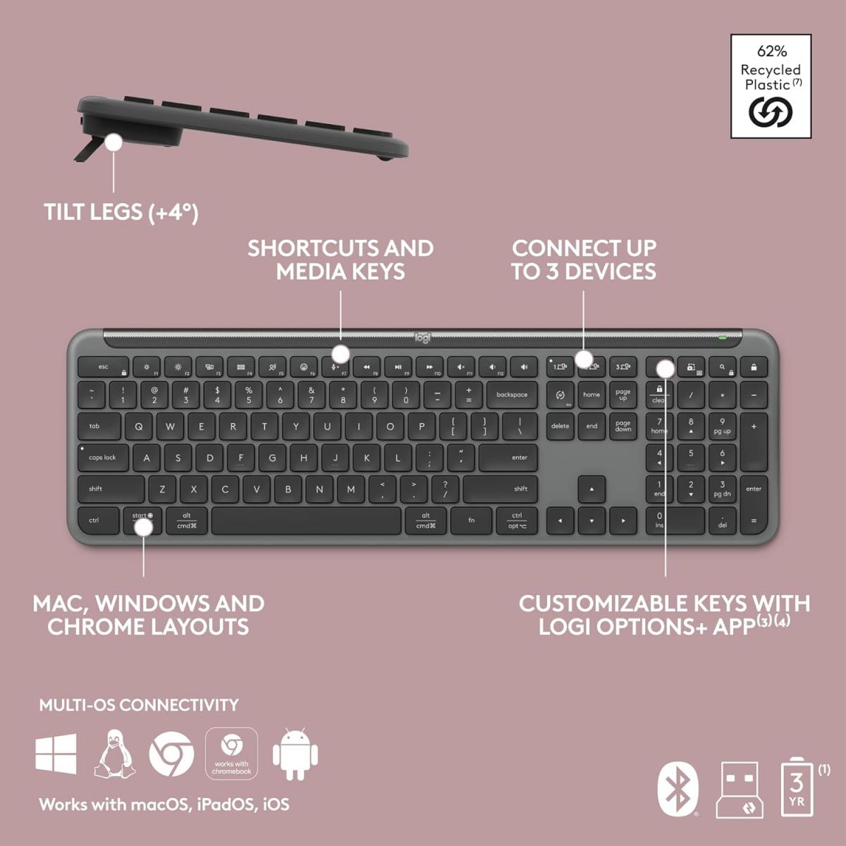 Logitech Signature Slim K950 Wireless Keyboard, Sleek Design, Switch Typing Between Devices, Quiet Typing, Bluetooth, Multi-OS, Windows, Mac, Chrome - Graphite