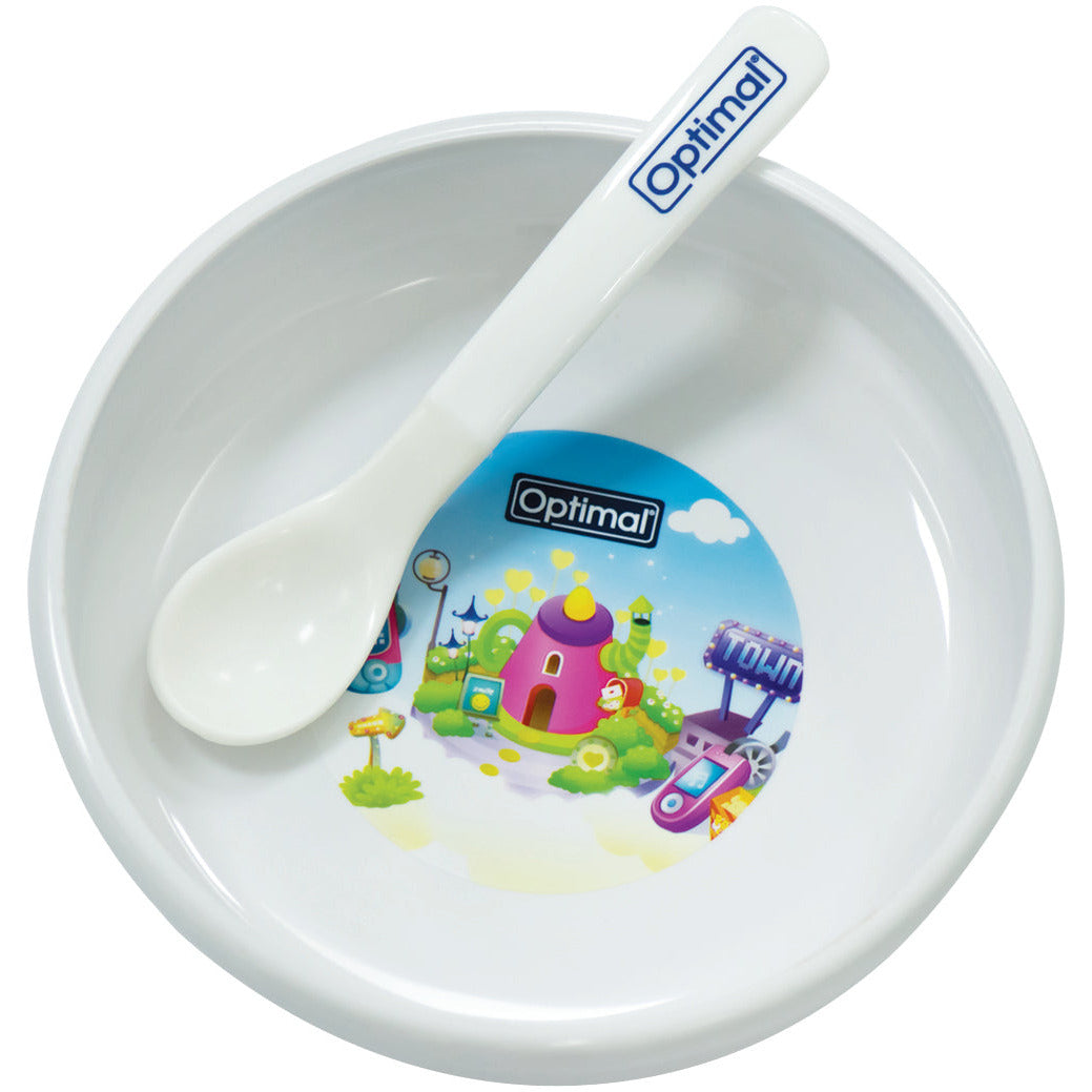 OPTIMAL Non Slip Feeding Dish with Soft Tip Spoon - Blue , Pink , White
