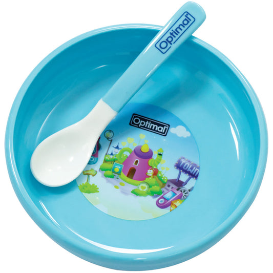 OPTIMAL Non Slip Feeding Dish with Soft Tip Spoon - Blue , Pink , White