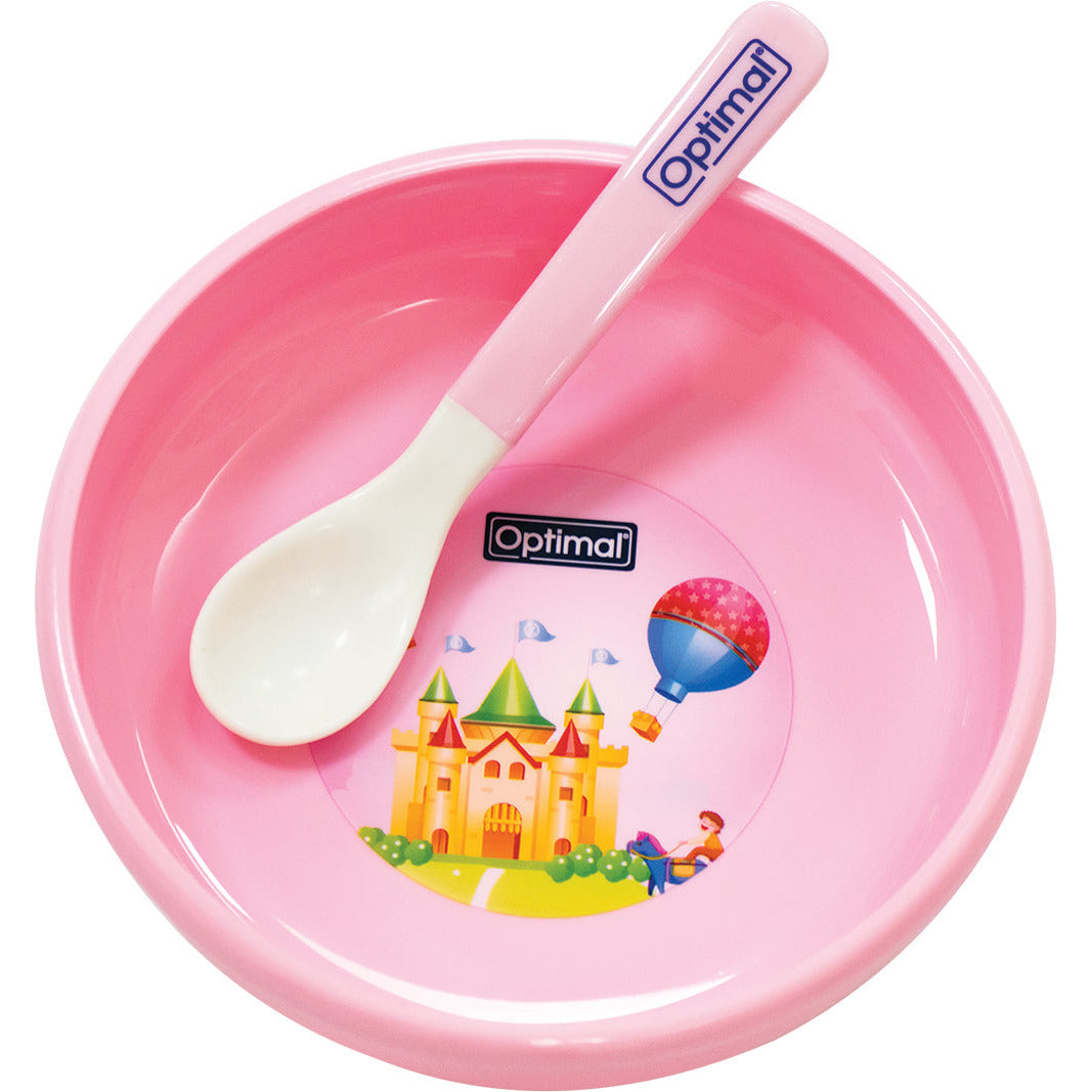 OPTIMAL Non Slip Feeding Dish with Soft Tip Spoon - Blue , Pink , White