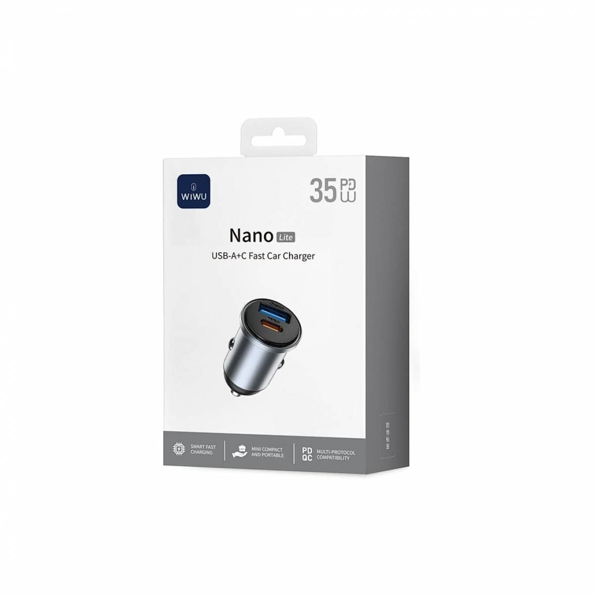 WiWU Wi‑CC030 Nano Lite 35W USB‑C plus USB Car, Aluminum alloy - Gray