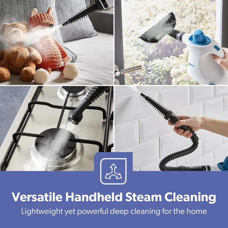 Geepas GSC63064UK Handheld Steam Cleaner – 1050W, 380ml Water Tank, 9 Accessories, 110°C Steam Temperature, Lightweight & Portable, Blue and White