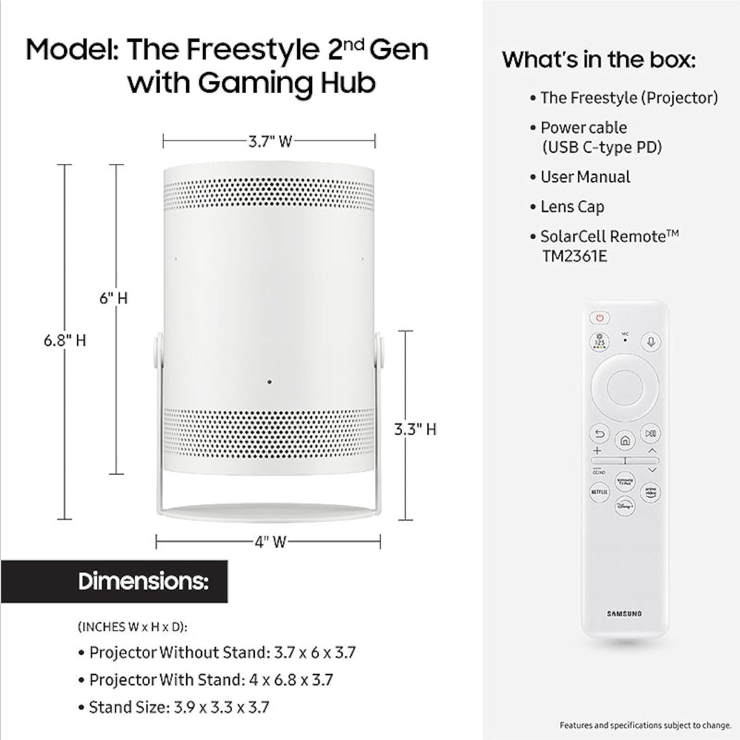 Samsung 30” - 100” The Freestyle 2nd Gen with Gaming Hub Smart Portable Projector, FHD, HDR, Big Screen Home Theater Experience, 360 Sound, SP-LFF3CLAXXZA, 2023 Model