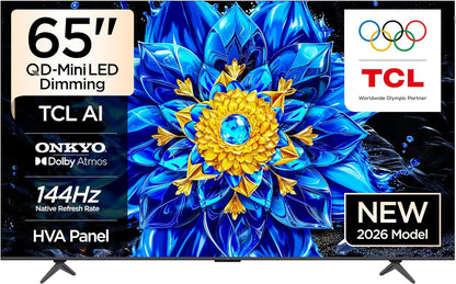 TCL 65P8L Television 65 Inch Smart TV 4K QD-Mini LED Dimming Colorful Quantum Crystal HDR 10+ Gaming Google TV, 144Hz Native Refresh Rate, ONKYO 2.1 Hi-Fi, Dolby Vision Atmos, Game Master (2026 Model)
