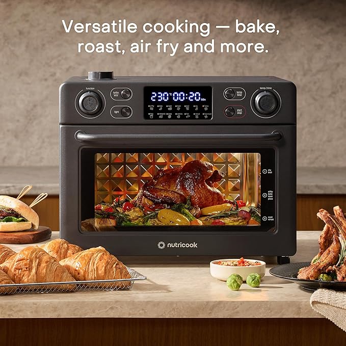 Nutricook Baker’s Oven 12-in-1 Air Fryer Toaster Oven 30L with Steam Infusion | 360° Turbo Convection, Rotisserie | Stainless steel inner cavity, countertop friendly|Beige|NC-AFTO330K|2-Year Warranty