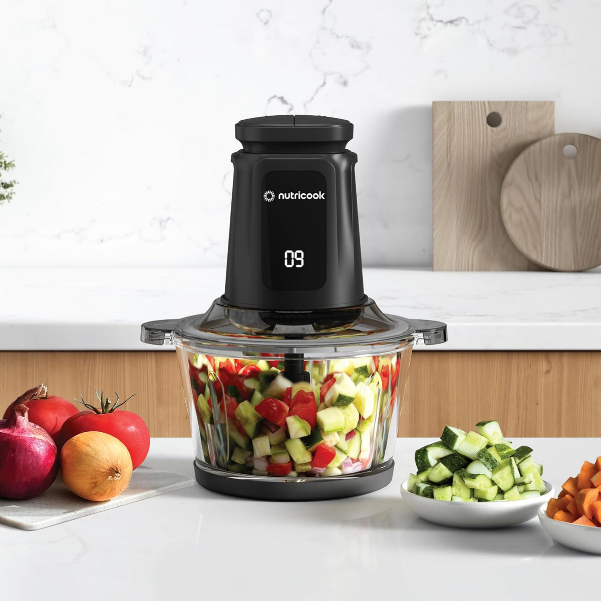 Nutricook Glass Chopper & Mincer – 500W, Dual 3L Bowls, 4 Detachable SS Blades, Easy Clean, Pulse Precision, Ice Crushing, Anti-Slip Ring, CH6000ME, Clear/Silver/Black, 2-Year Warranty