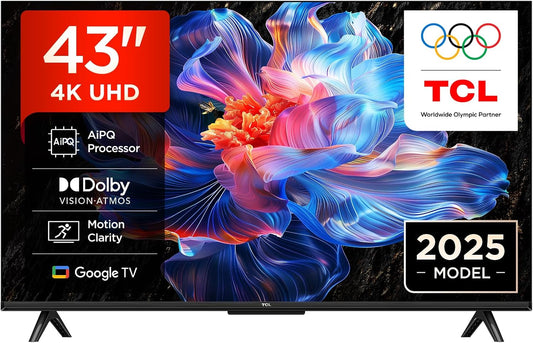 TCL 43V6C-UK 43" 4K Ultra HD, HDR TV, Smart TV Powered by Google TV (Dolby Audio, Voice Control, compatible with Google assistant, Chromecast built-in, 2025 New Model) [Energy Class E]