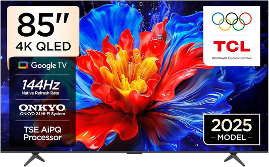 TCL 85P8K Television 85 Inch Smart TV 4K QLED Colorful Quantum Crystal HDR 10+ Gaming Google TV, 144Hz Native Refresh Rate, ONKYO 2.1 Hi-Fi, Dolby Atmos, DTS Virtual X, MEMC, Game Master (2025 Model)