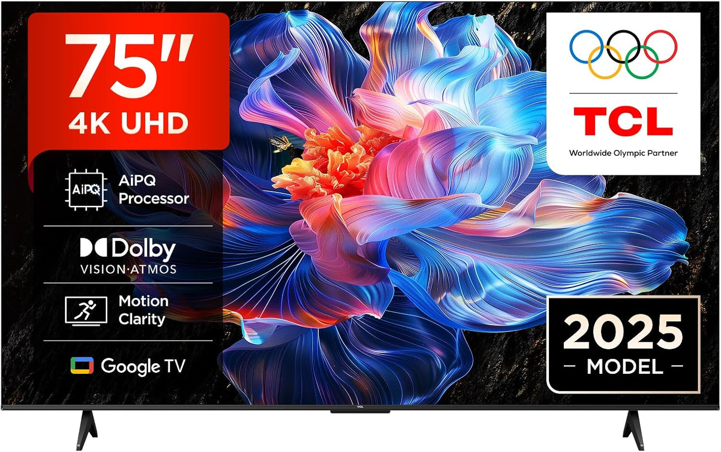 TCL 75V6C-UK 75" 4K Ultra HD, HDR TV, Smart TV Powered by Google TV (Dolby Audio, Voice Control, compatible with Google assistant, Chromecast built-in, 2025 New Model) [Energy Class E]