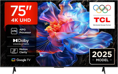 TCL 75V6C-UK 75" 4K Ultra HD, HDR TV, Smart TV Powered by Google TV (Dolby Audio, Voice Control, compatible with Google assistant, Chromecast built-in, 2025 New Model) [Energy Class E]