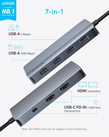 Anker 7-in-1 USB-C Hub, Dual Monitor USB C Docking Station, Dual HDMI Display, 85W Max Output, 10Gbps Data Transfers for Dell XPS, ThinkPad T14 Gen2 and More
